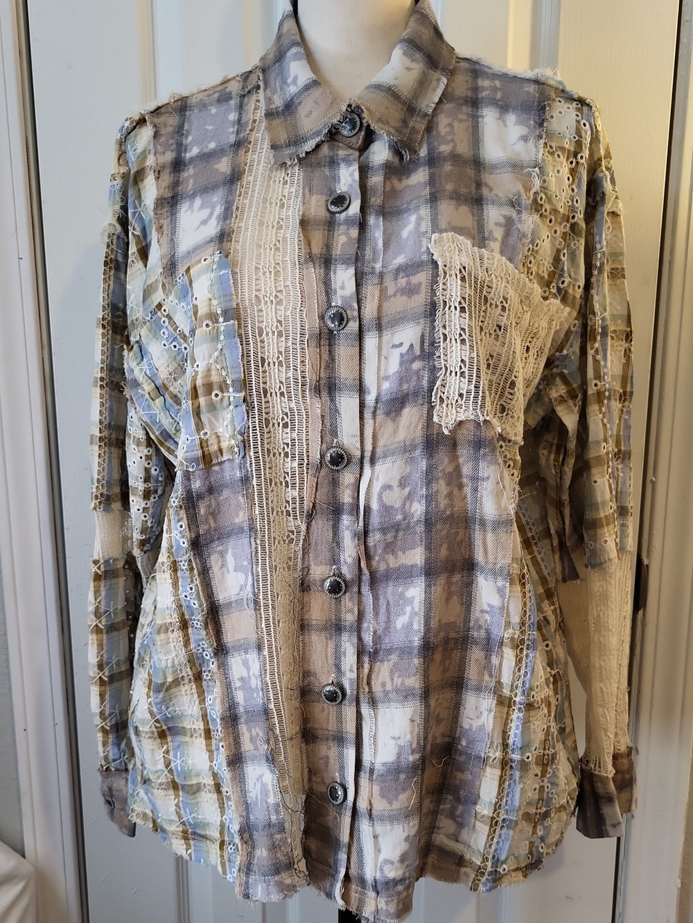 POL Patchwork Plaid Button-Up Shirt in Beige and Gray